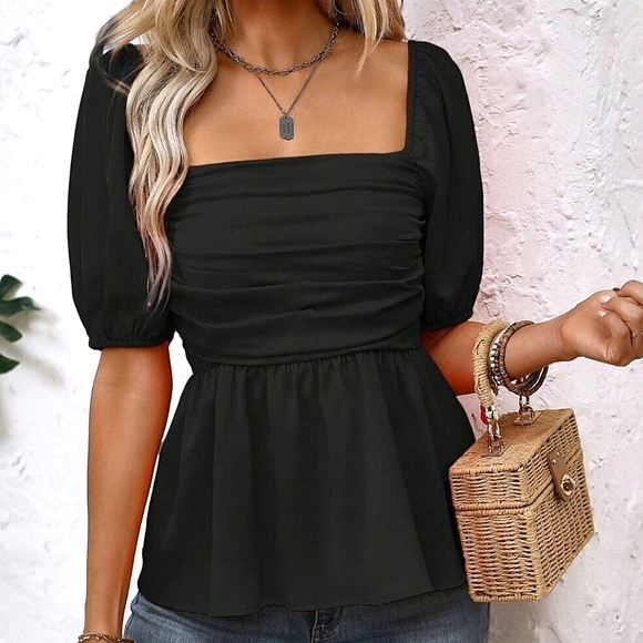 * NEW Flowy Ruched Peplum Puffed Short Sleeve Top Blouse Black - Picture 3 of 9